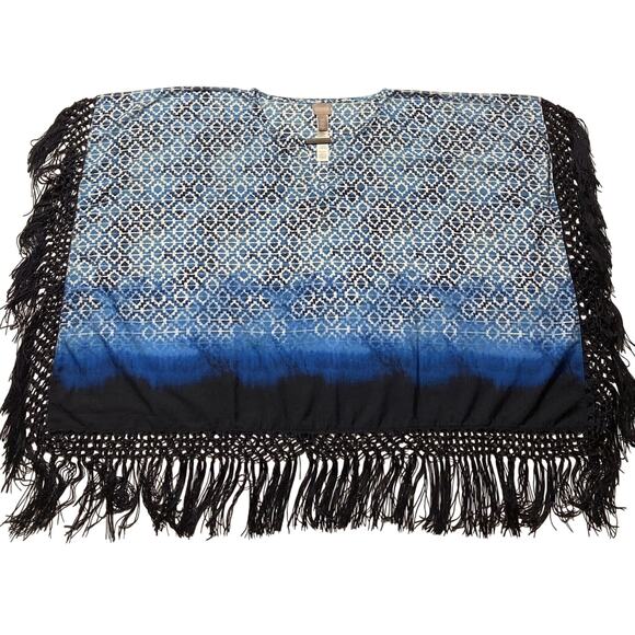 Womens Chico’s Light Weight Poncho Geometric Print with Fringe Blue One Size - Picture 6 of 8